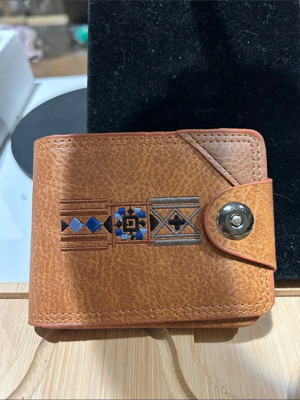 Brown Embroidered Leather Card Holder some stain in Lower back and wrinkle